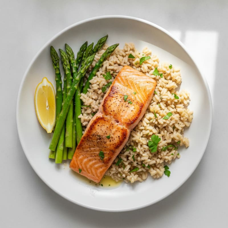 Seared Salmon with Steamed Asparagus and Herbed Brown Rice