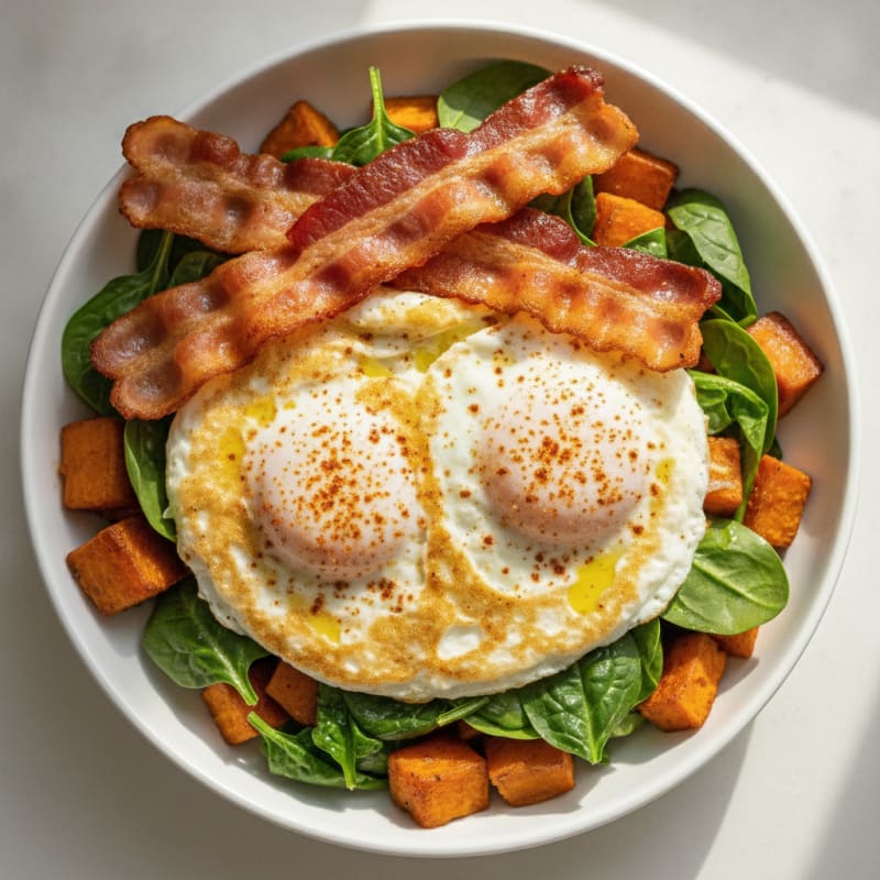 Crispy Turkey Bacon and Egg White Breakfast Bowl with Roasted Sweet Potatoes