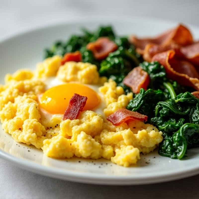 Creamy Scrambled Eggs with Sautéed Greens and Turkey Bacon