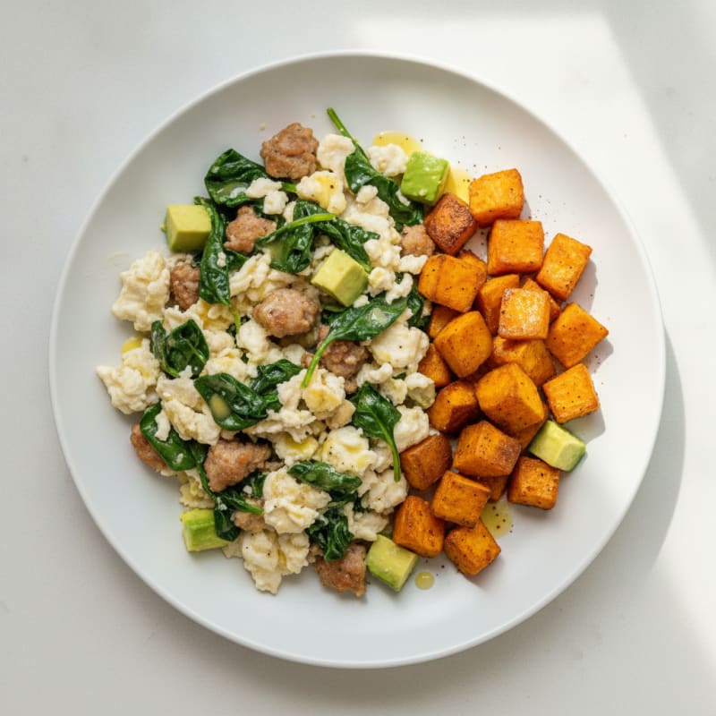 Egg White and Turkey Sausage Scramble with Spinach and Roasted Sweet Potatoes