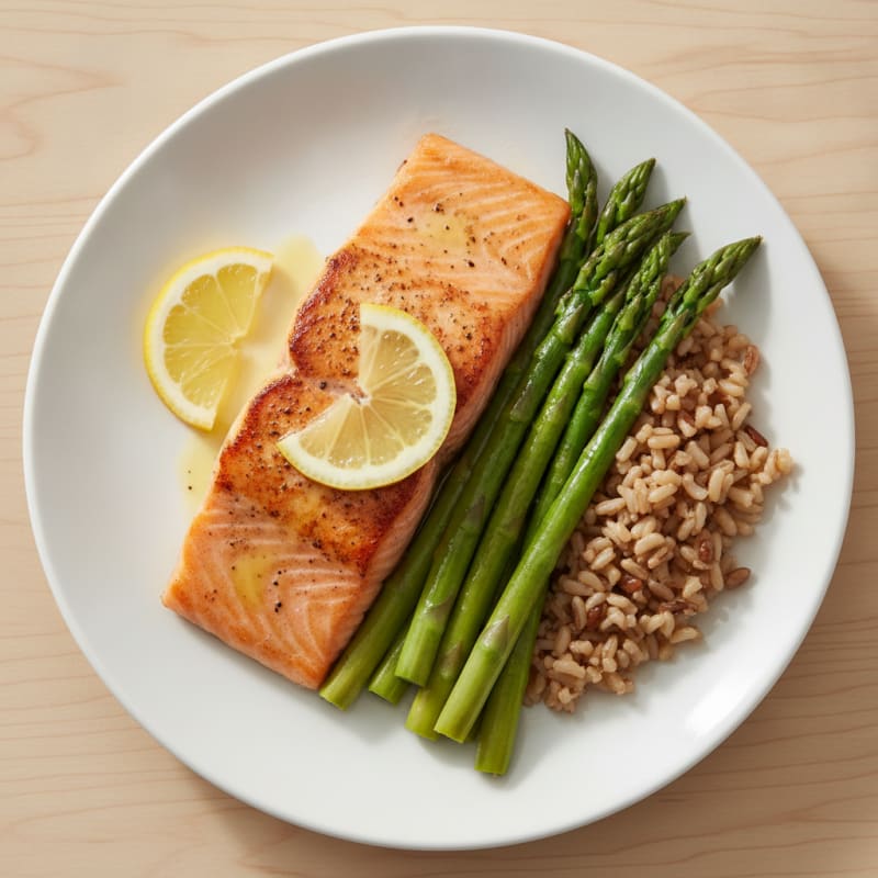 Seared Salmon with Steamed Asparagus and Brown Rice