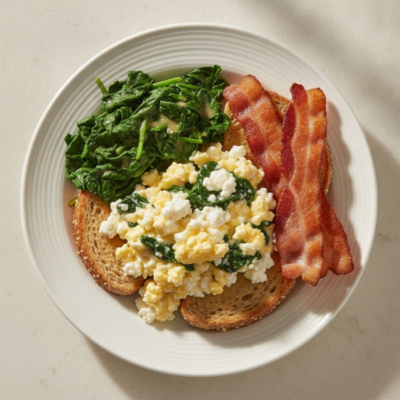 Cottage Cheese Scramble with Sautéed Spinach and Turkey Bacon