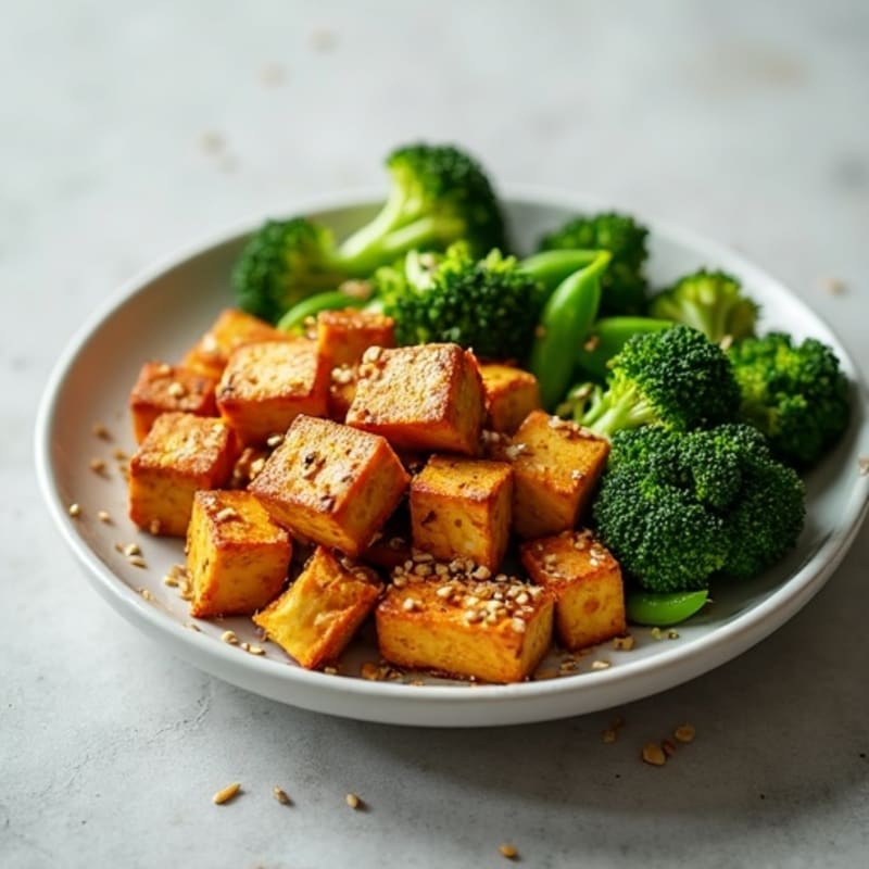 Crispy Sesame Tofu with Roasted Garlic Broccoli