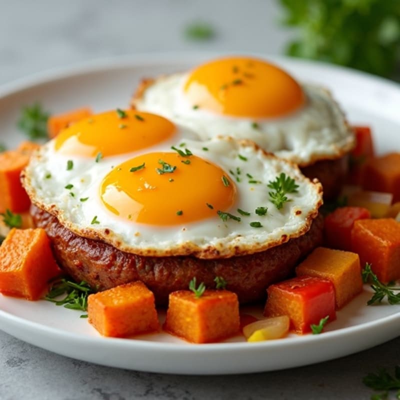 Crispy Sweet Potato and Turkey Sausage Hash with Fried Eggs