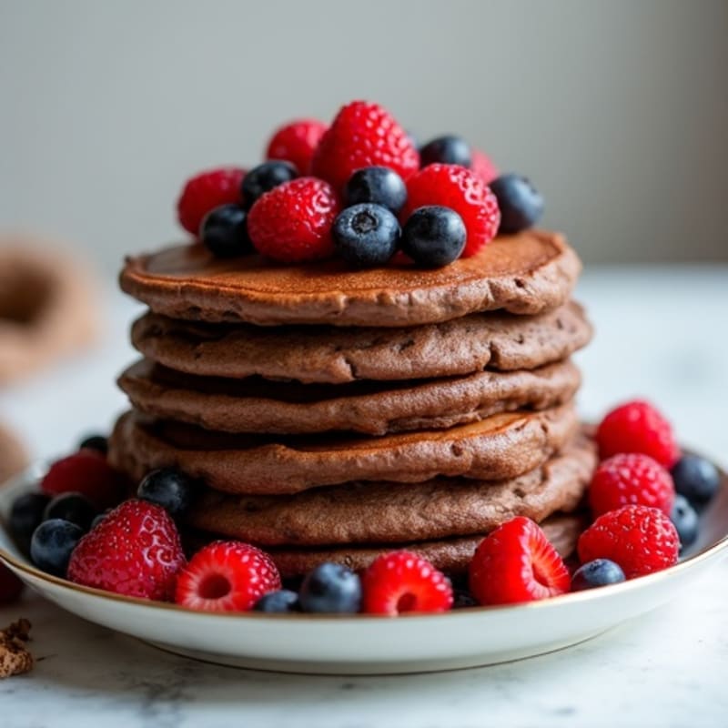 Fluffy Chocolate Protein Pancakes with Fresh Berries