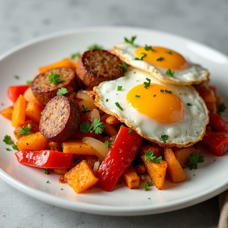 Crispy Sweet Potato and Bell Pepper Hash with Lean Turkey Sausage and Fried Eggs