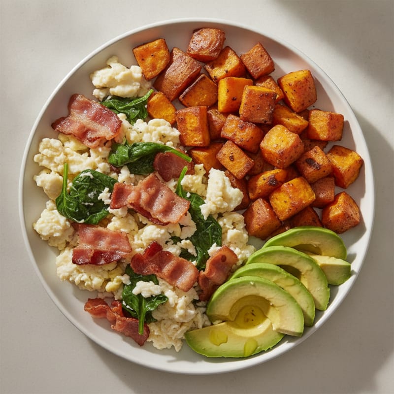 Crispy Turkey Bacon and Egg White Scramble with Roasted Sweet Potatoes