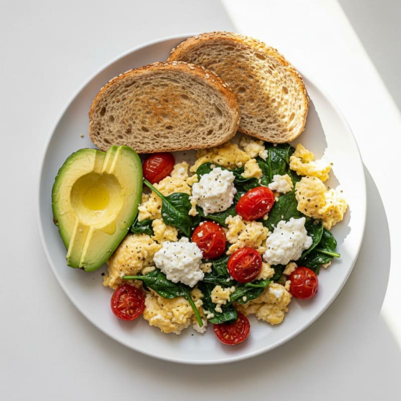 Cottage Cheese Scramble with Spinach and Cherry Tomatoes