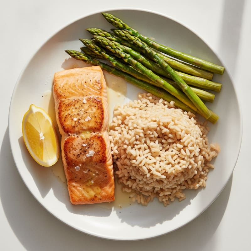 Seared Salmon with Steamed Asparagus and Brown Rice