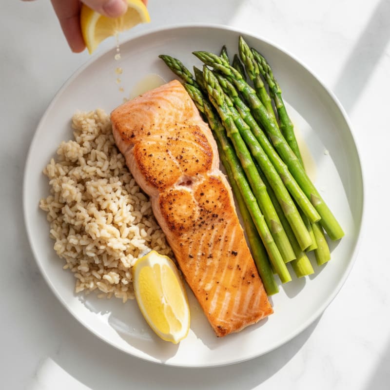 Seared Salmon with Steamed Asparagus and Brown Rice