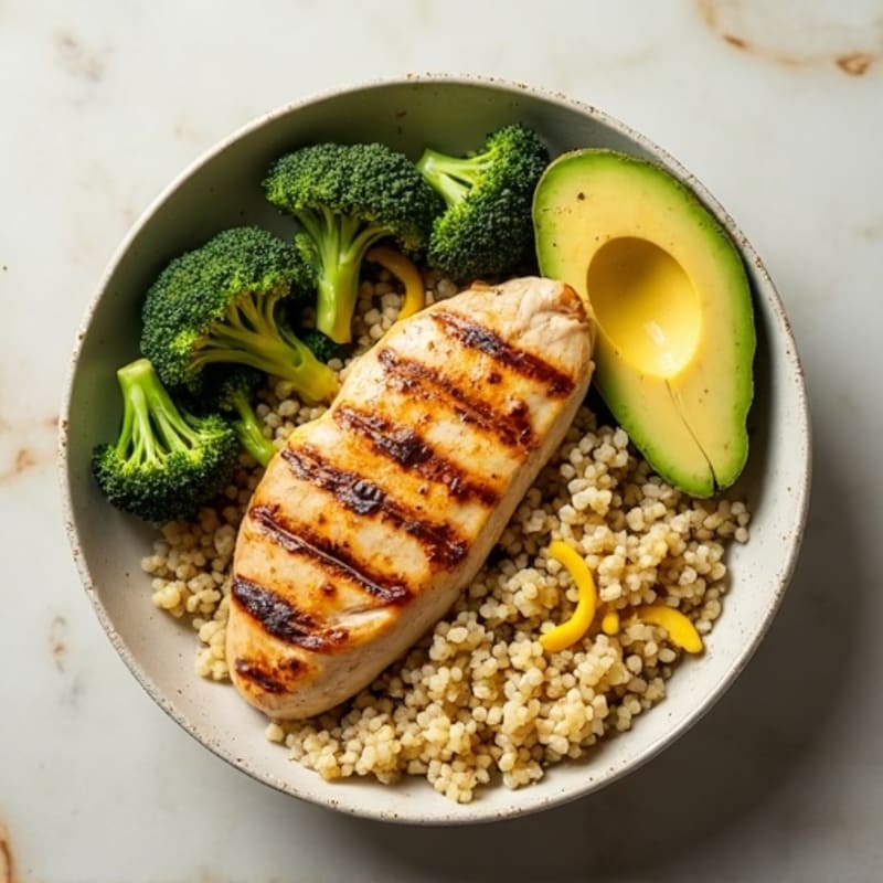 Grilled Chicken and Quinoa Bowl with Crunchy Broccoli and Lemon Tahini Drizzle