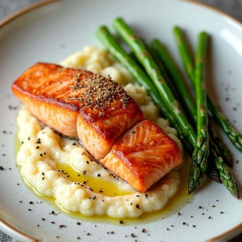 Seared Salmon with Steamed Asparagus and Cauliflower Mash