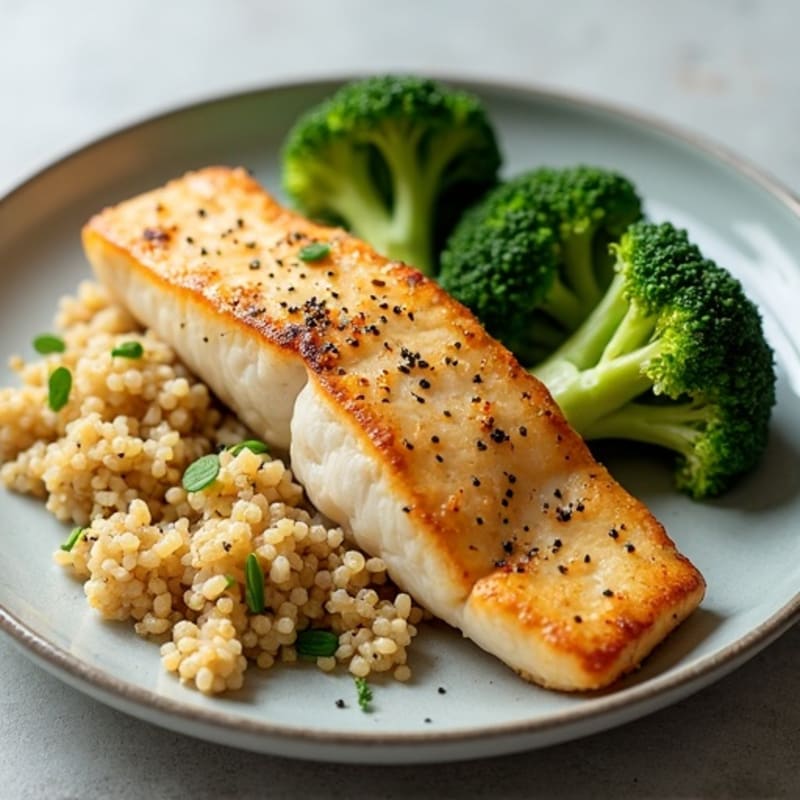 Pan-Seared Fish Fillet with Steamed Broccoli and Quinoa