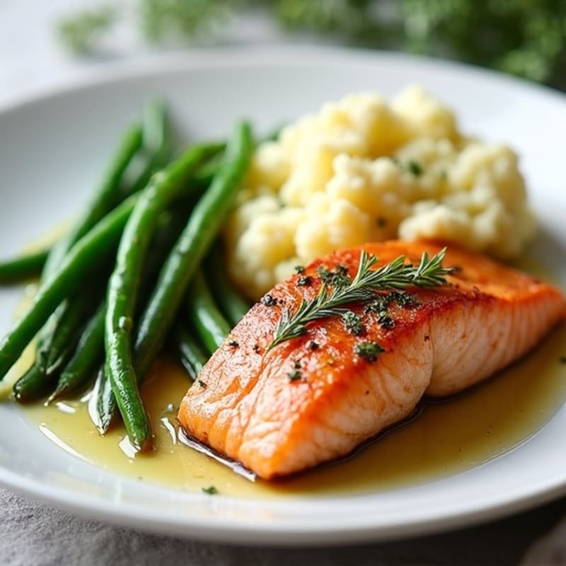 Seared Salmon Fillet with Steamed Green Beans and Garlic Mashed Cauliflower