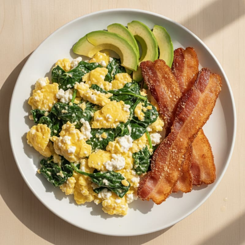 Cottage Cheese Egg Scramble with Spinach and Turkey Bacon
