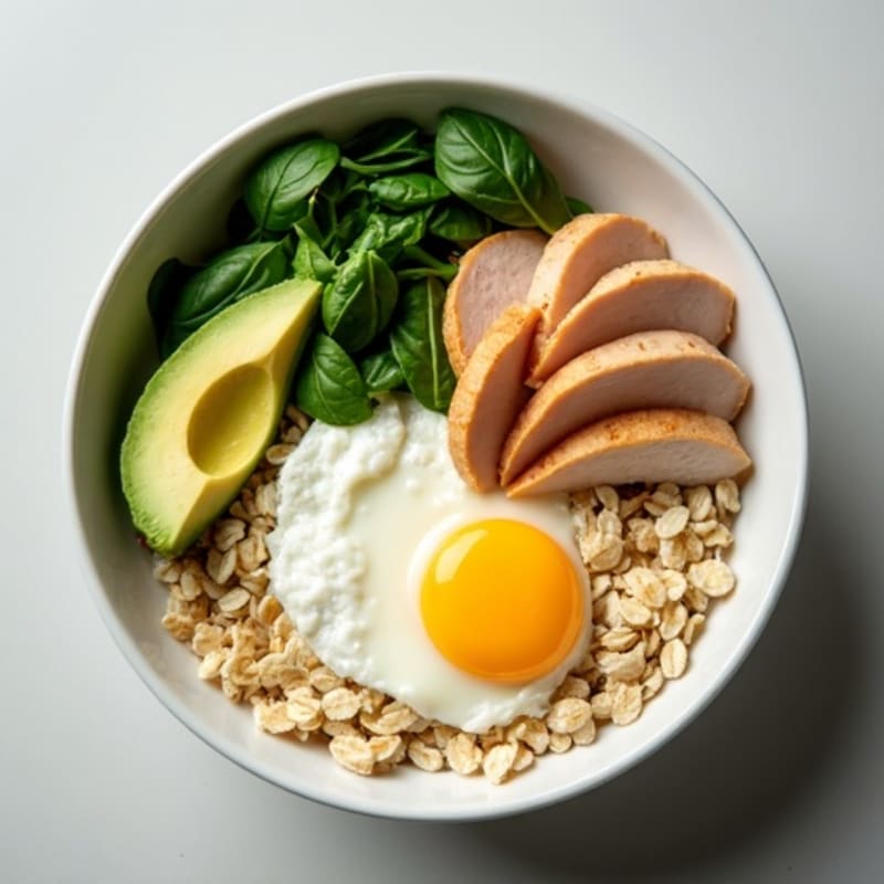 Egg White Oatmeal Bowl with Sliced Turkey, Spinach & Avocado