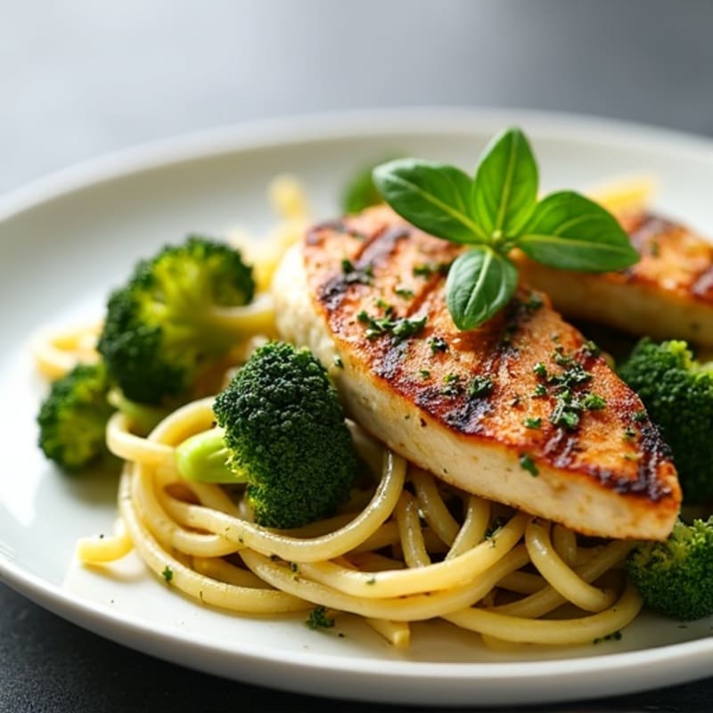 Fresh Basil Pesto Chicken Pasta with Roasted Broccoli