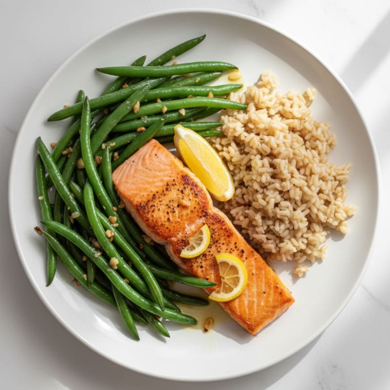 Seared Salmon Fillet with Garlic Green Beans and Brown Rice