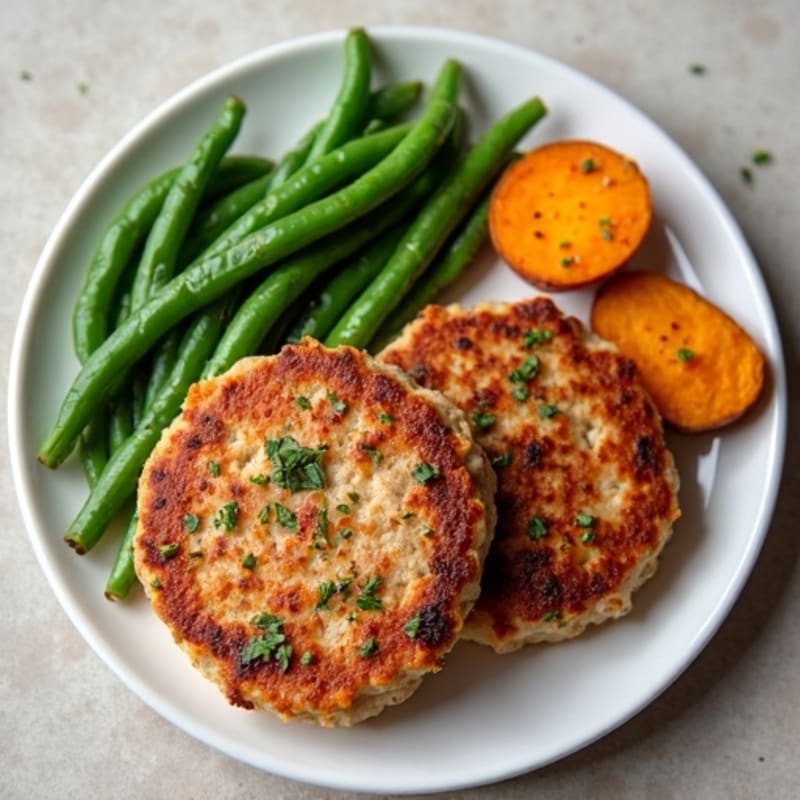Seared Turkey Patties with Steamed Green Beans and Roasted Sweet Potato