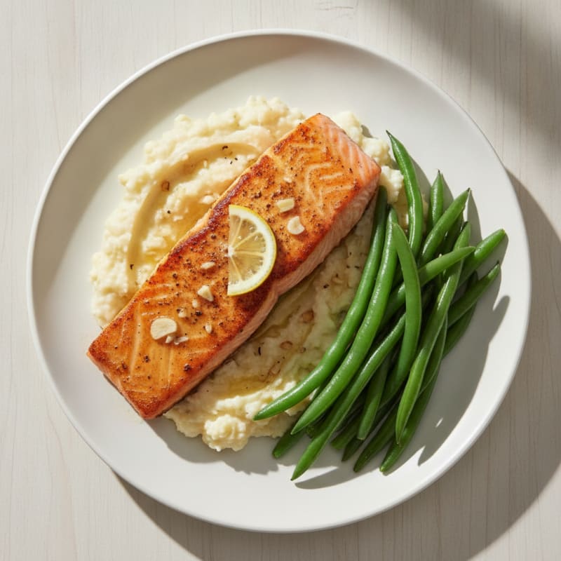 Seared Salmon Fillet with Steamed Green Beans and Garlic Mashed Cauliflower