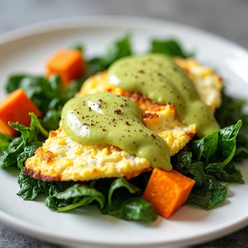 Egg White Spinach Scramble with Roasted Sweet Potato & Avocado Drizzle