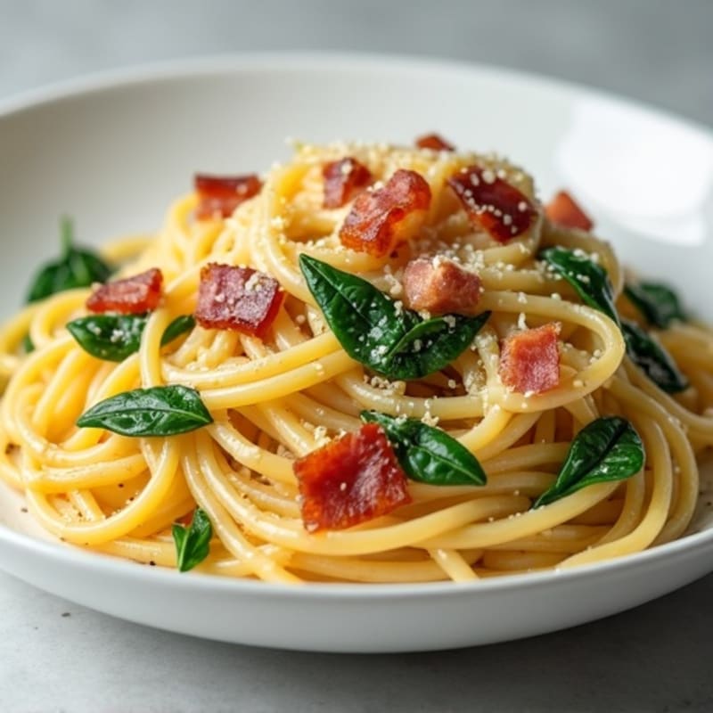 Lean Turkey Bacon Creamy Whole Wheat Carbonara with Spinach