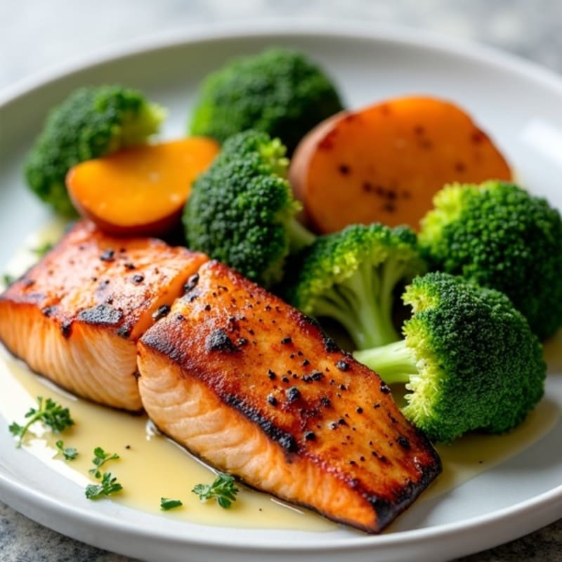 Seared Salmon with Steamed Broccoli and Roasted Sweet Potato