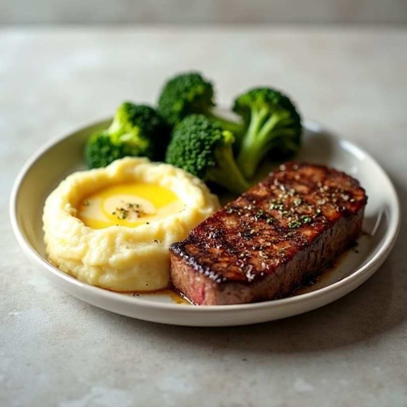 Seared Sirloin Steak with Garlic Mashed Potatoes and Steamed Broccoli