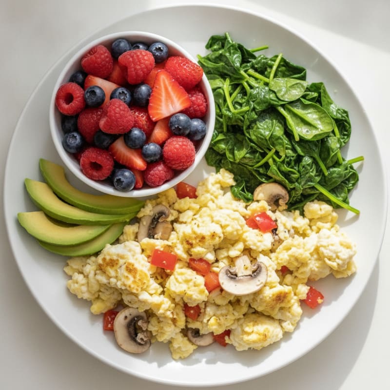 Egg White Veggie Scramble with Sautéed Spinach and Mixed Berries