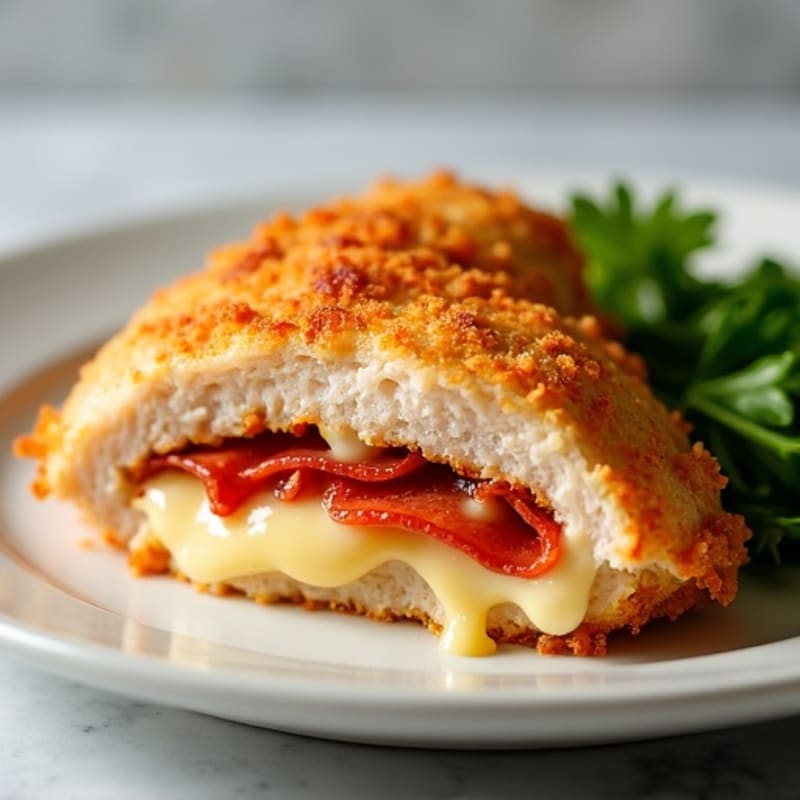 Crispy Baked Chicken Breast Stuffed with Turkey Pepperoni and Melty Mozzarella
