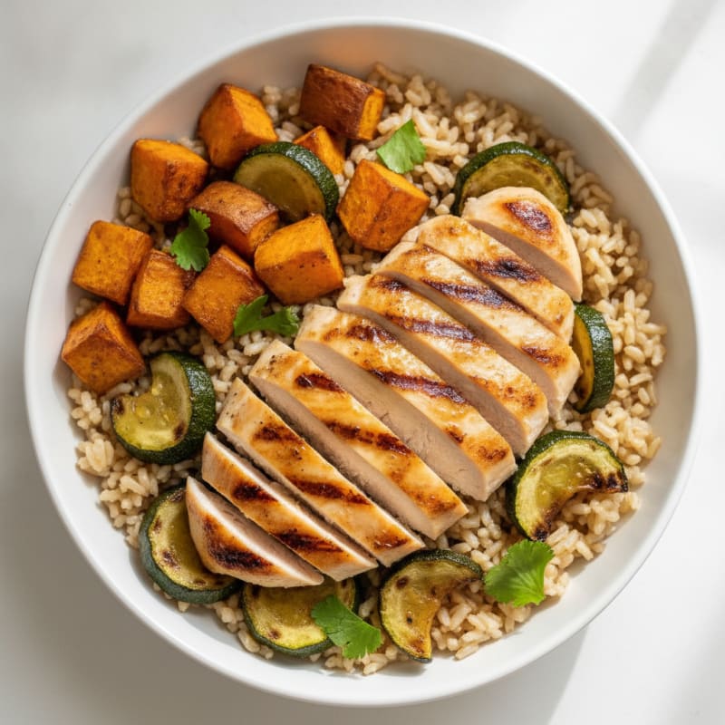 Grilled Chicken Rice Bowl with Roasted Vegetables