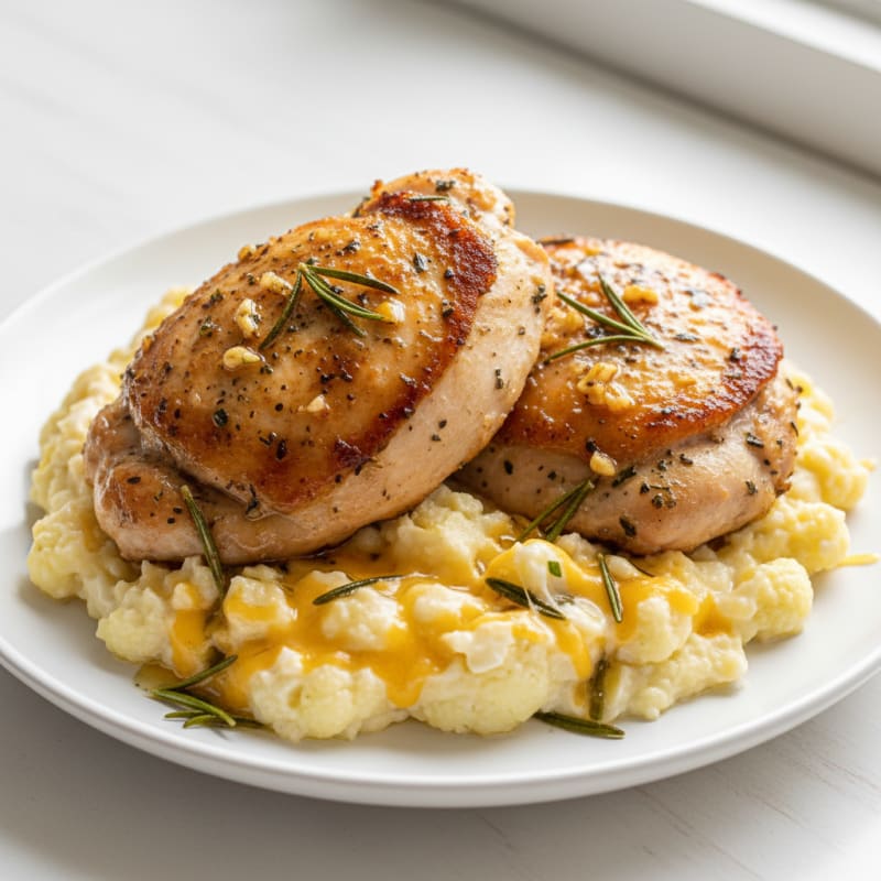 Herb-Seared Chicken Thighs with Creamy Cheesy Cauliflower Mash