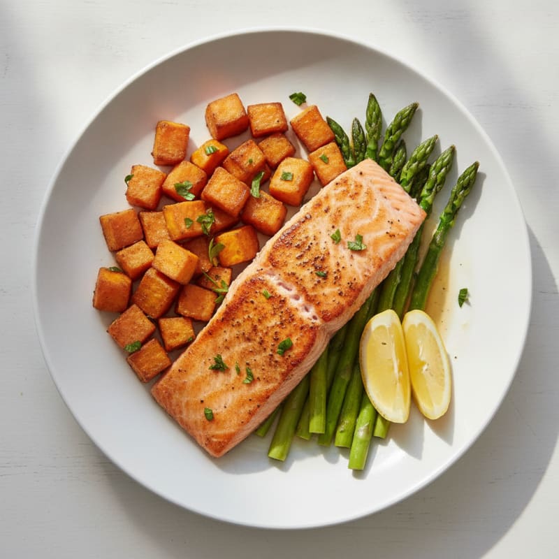 Seared Salmon Filet with Roasted Sweet Potatoes and Asparagus