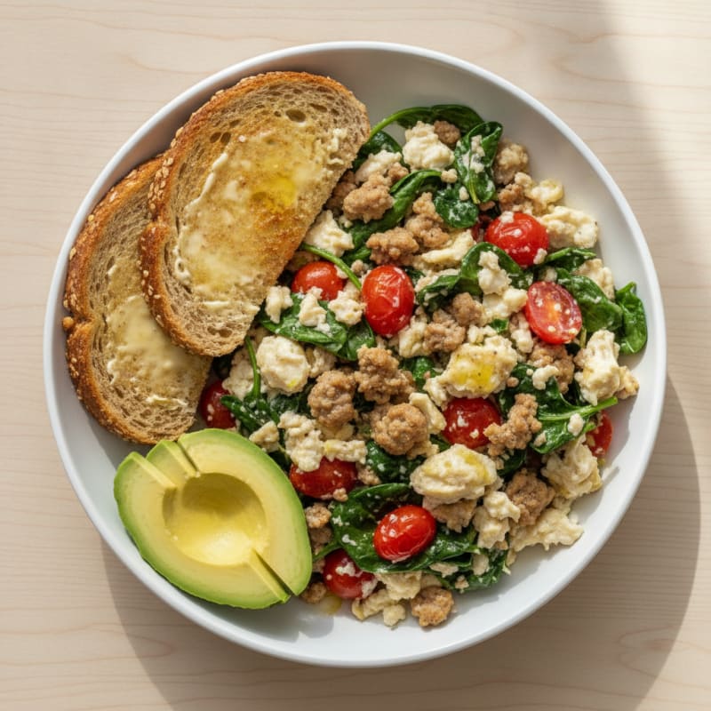 Egg White and Turkey Sausage Scramble with Spinach and Tomatoes