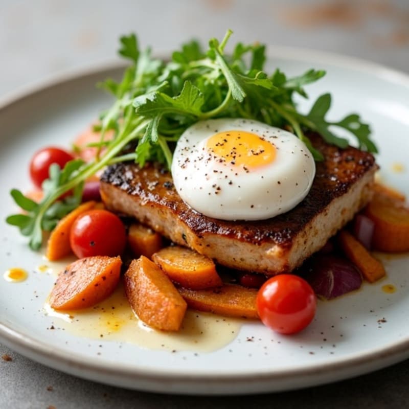 Slow-Braised Pork Belly with Roasted Root Vegetables and Fresh Arugula Salad