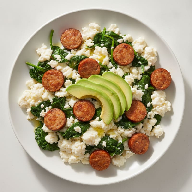 Egg White Scramble with Turkey Sausage and Sautéed Spinach