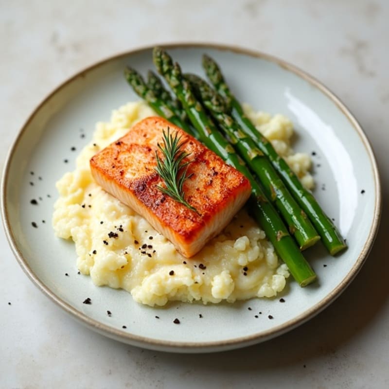 Seared Salmon with Roasted Asparagus and Cauliflower Mash