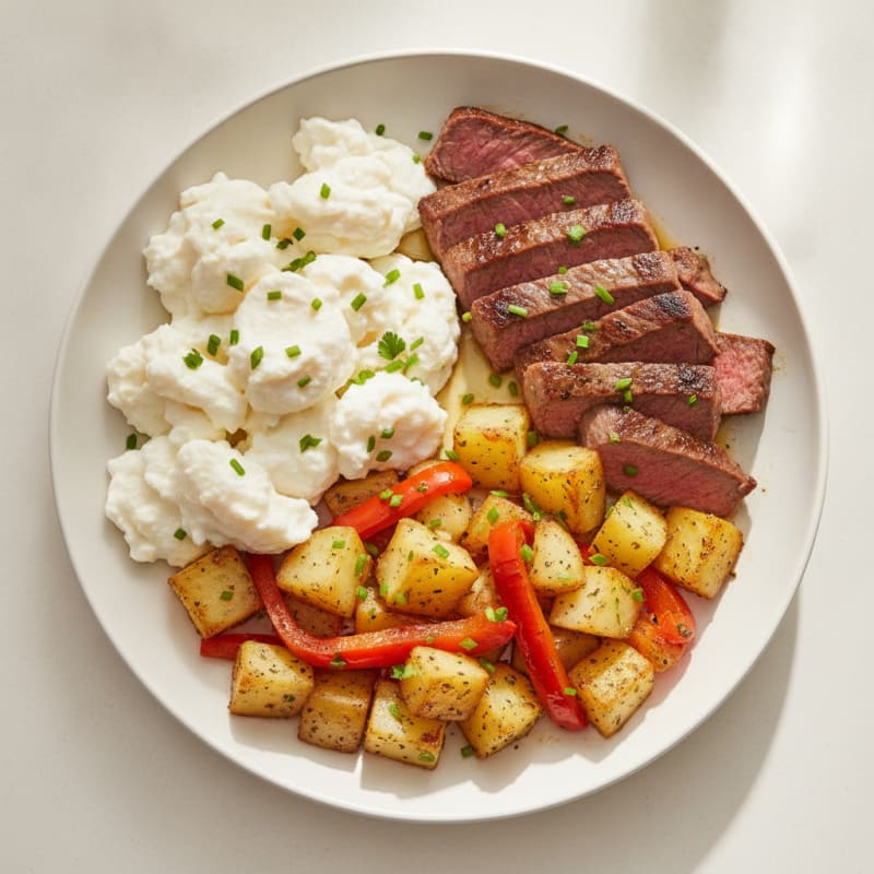 Scrambled Egg Whites with Sautéed Steak and Roasted Potatoes
