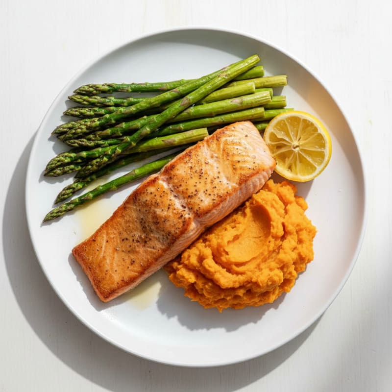 Seared Salmon Fillet with Roasted Asparagus and Sweet Potato Mash