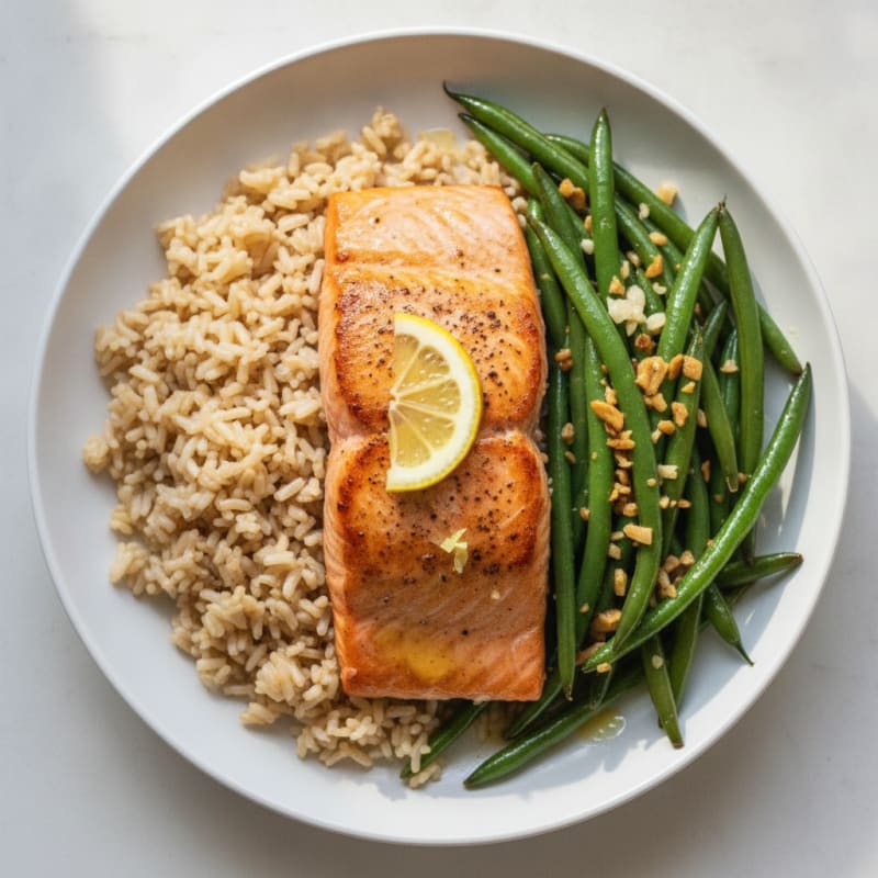Seared Salmon Fillet with Garlic Green Beans and Brown Rice