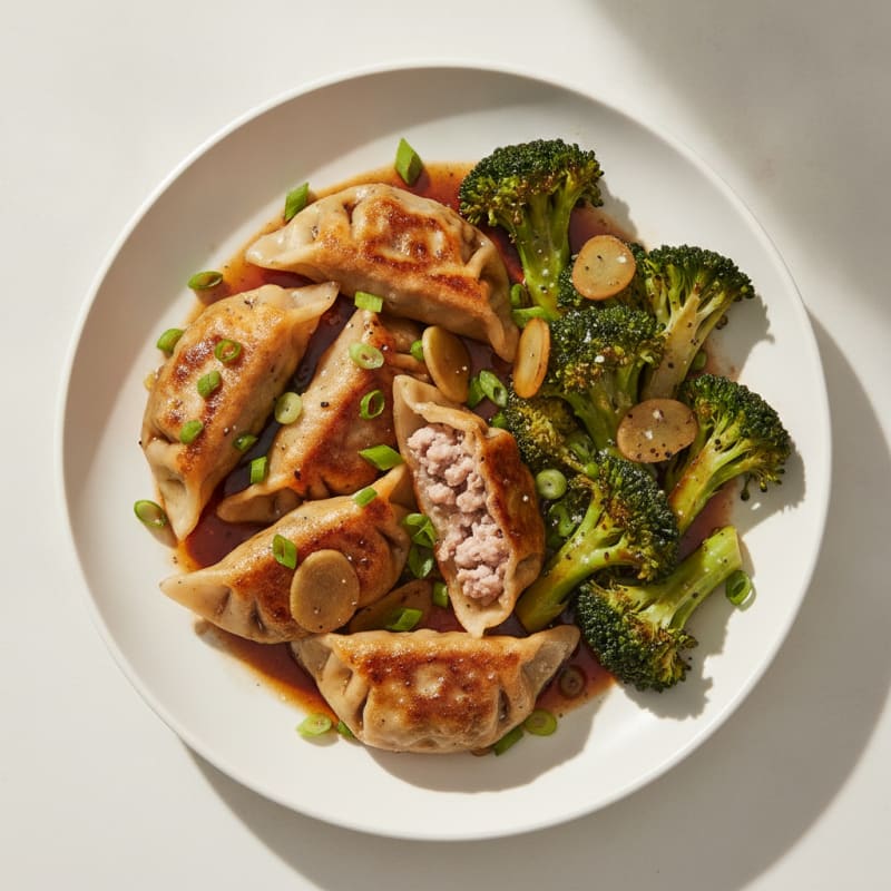 Pork Dumplings with Garlic Broccoli