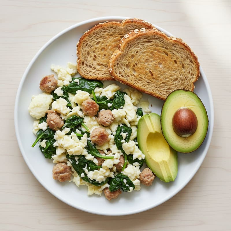 Egg White and Turkey Sausage Scramble with Sautéed Spinach