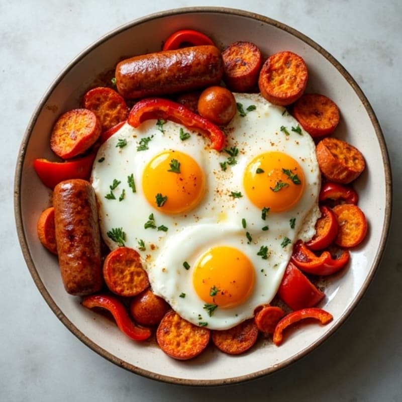 Sheet Pan Eggs with Roasted Sweet Potatoes and Bell Peppers