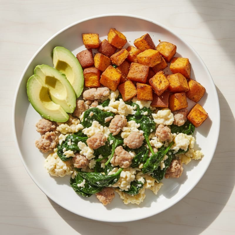 Egg White and Turkey Sausage Scramble with Sautéed Spinach