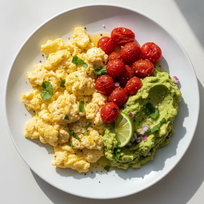 Scrambled Eggs with Guacamole and Tomatoes