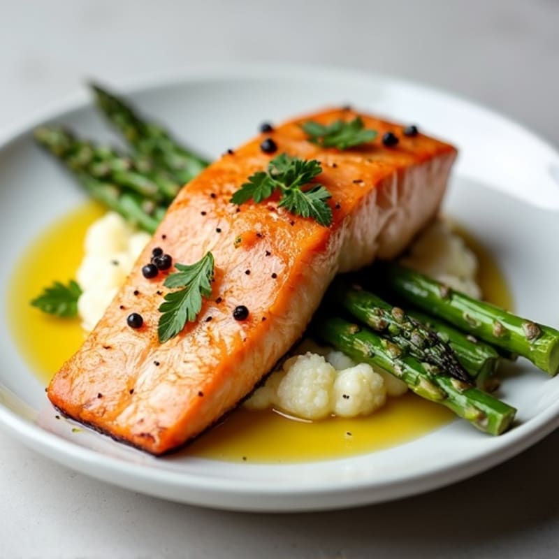 Seared Salmon Fillet with Roasted Asparagus and Cauliflower Mash