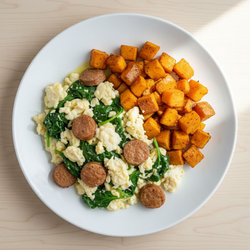 Egg White Spinach Scramble with Turkey Sausage and Roasted Sweet Potatoes