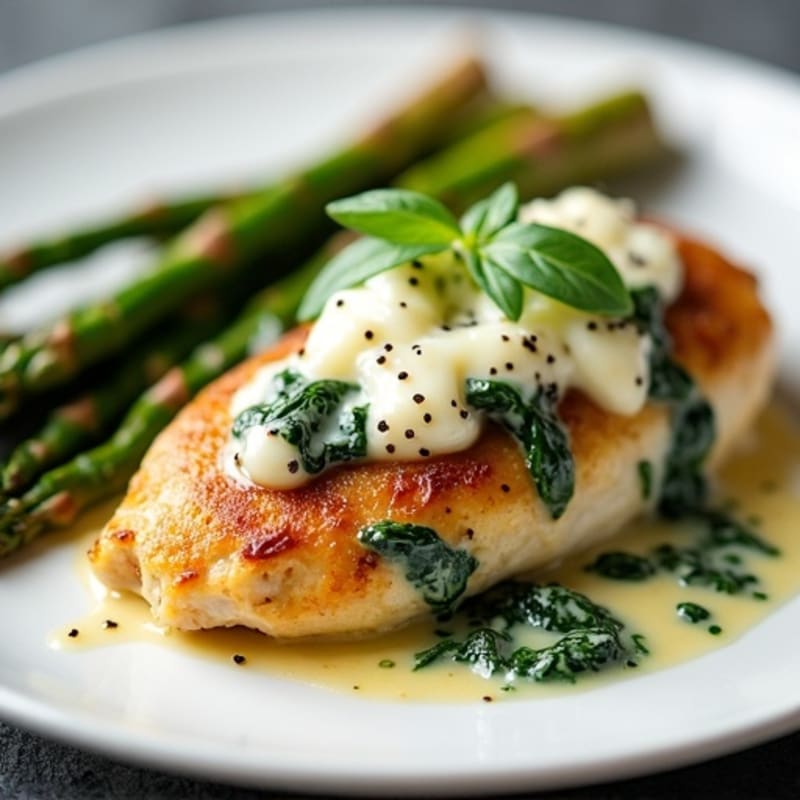 Creamy Spinach and Mozzarella Stuffed Chicken with Roasted Asparagus