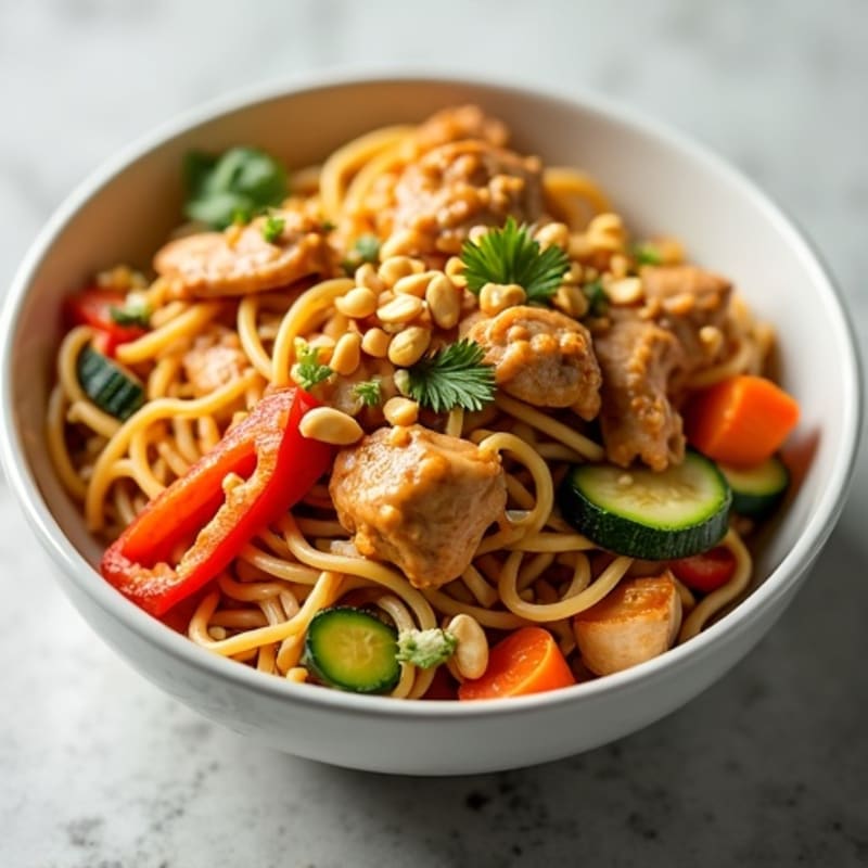 Spicy Peanut Chicken Noodles with Crunchy Vegetables