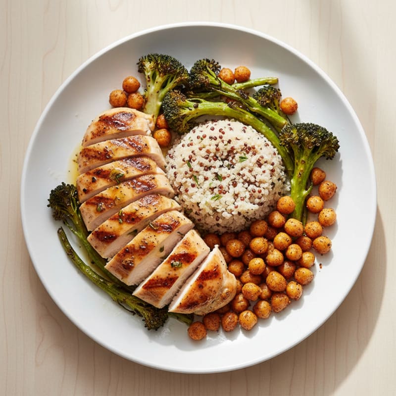 Grilled Chicken Breast with Quinoa, Roasted Broccoli and Chickpeas